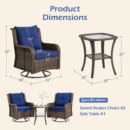 Patio Furniture Sets, 3 Pieces Wicker Outdoor Furniture - 360 Degree Swivel Rocking Chairs and Rattan Side Table for Garden,Porch,Backyard (Brown Wicker/Blue Cushion, 3PCS - Swivel Chairs)