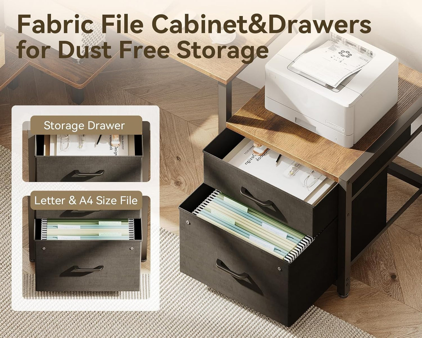 L Shaped Desk with Drawers & File Cabinet, Reversible Computer Desk with Storage Shelves & CPU Stand, Corner Desk with Power Outlets, L Desk for Home Office, Rustic Brown