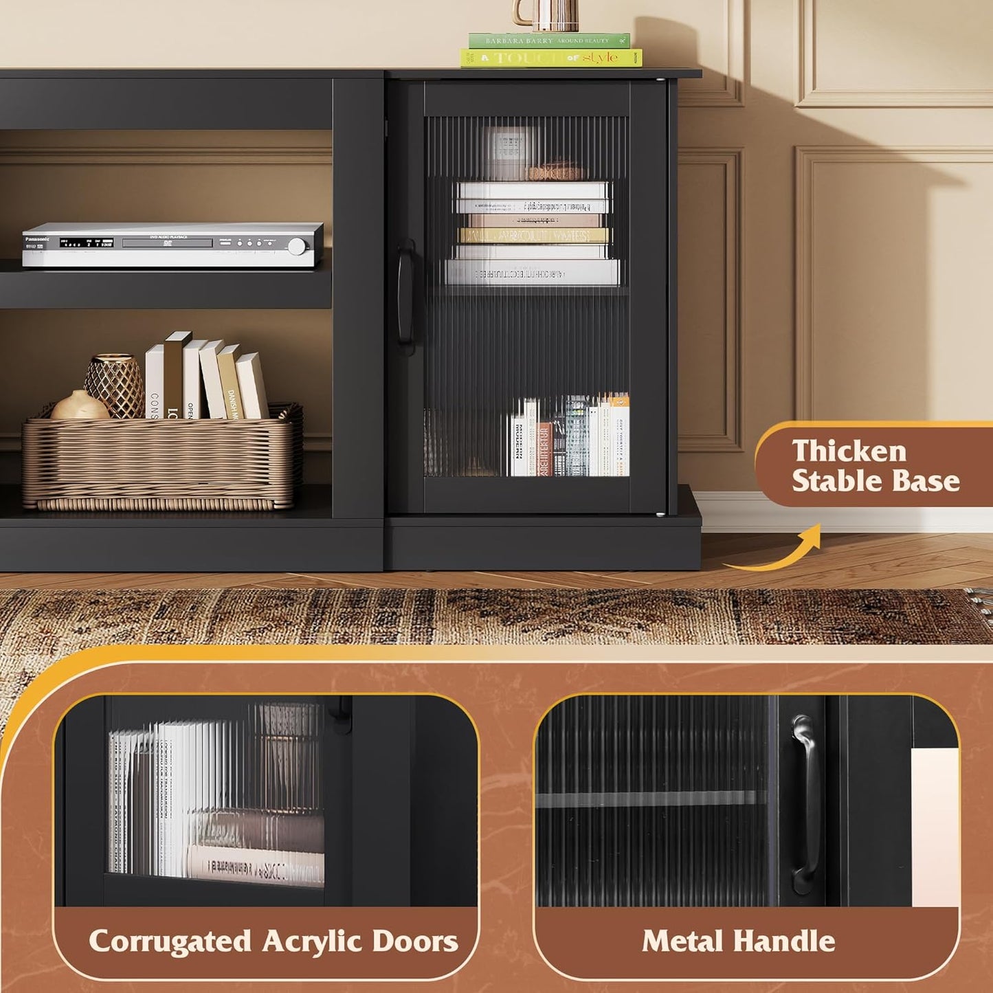 Farmhouse TV Stand for 65 Inch TV, 58" Entertainment Center with Storage Cabinets, Open Shelves TV Console for Living Room and Bedroom, Black