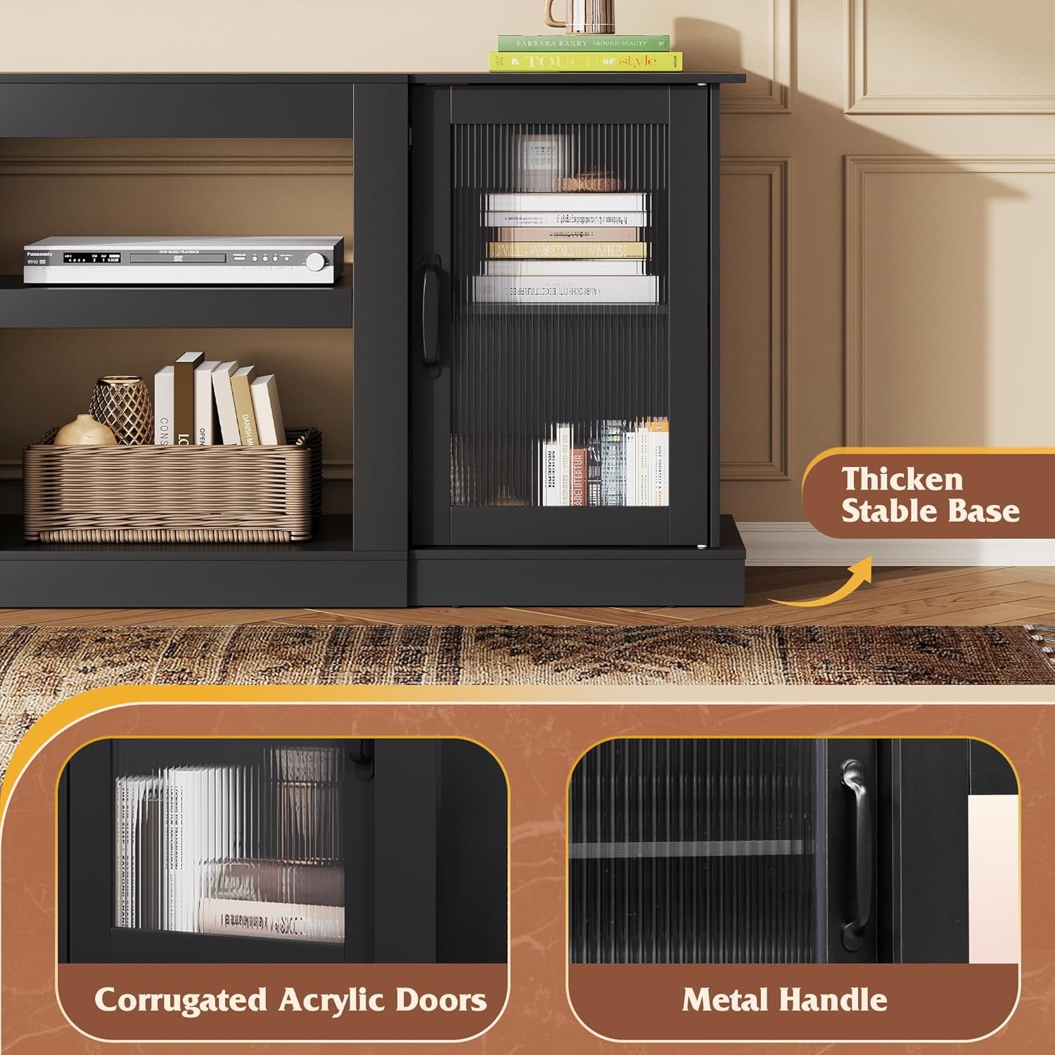 Farmhouse TV Stand for 65 Inch TV, 58" Entertainment Center with Storage Cabinets, Open Shelves TV Console for Living Room and Bedroom, Black