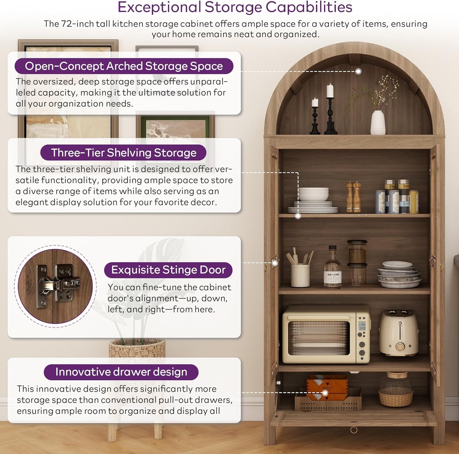 71" Tall Arched Pantry Cabinet with Innovative Drawer, Kitchen Cabinet with Anti-Tipping Device and Glass Door, Versatile Cupboard for Kitchen, Dining, Natrual