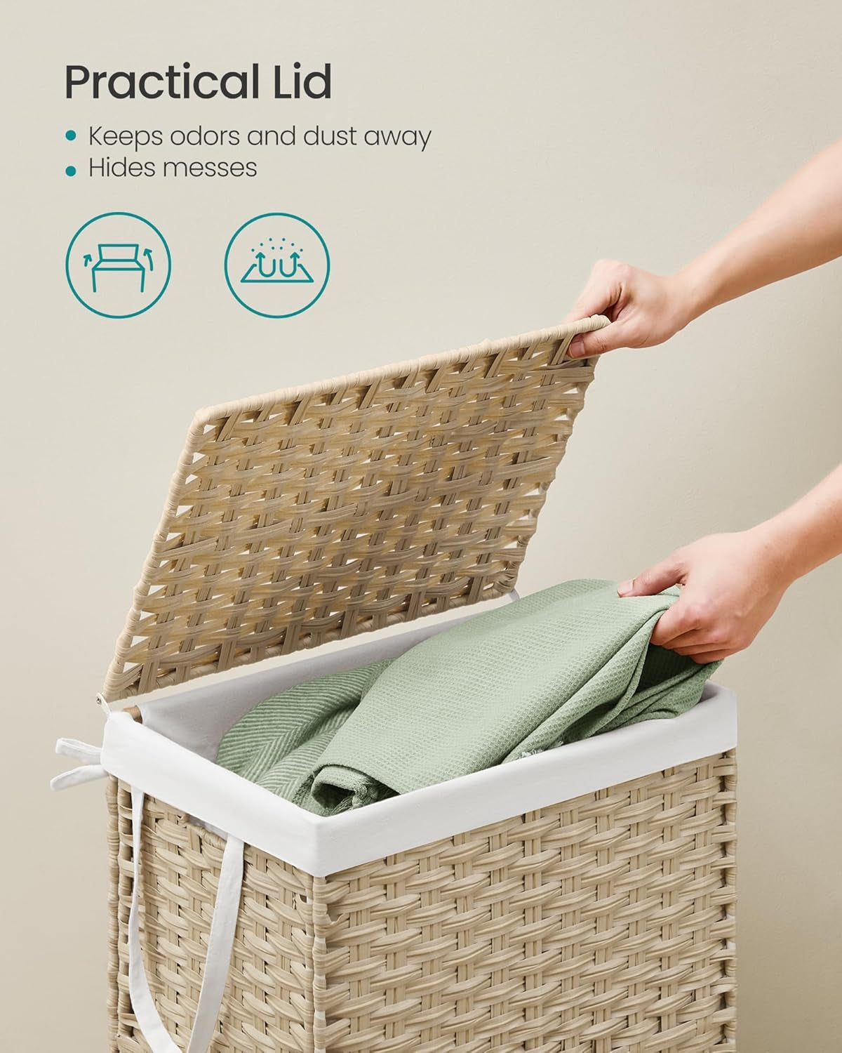 Laundry Hamper with Lid, 23.8 Gallon (90L) Synthetic Rattan Clothes Laundry Basket with Lid and Handles, Foldable, Removable Liner, Summer Sand ULCB051LZ01