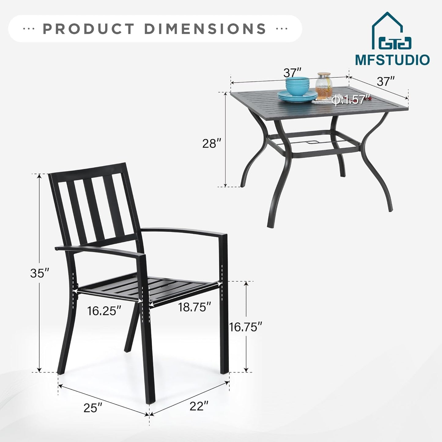 Outdoor Dining Set for 4, Patio Table and Chairs Set with Umbrella Hole, Metal Patio Furniture Set for Patio, Deck, Yard, Porch