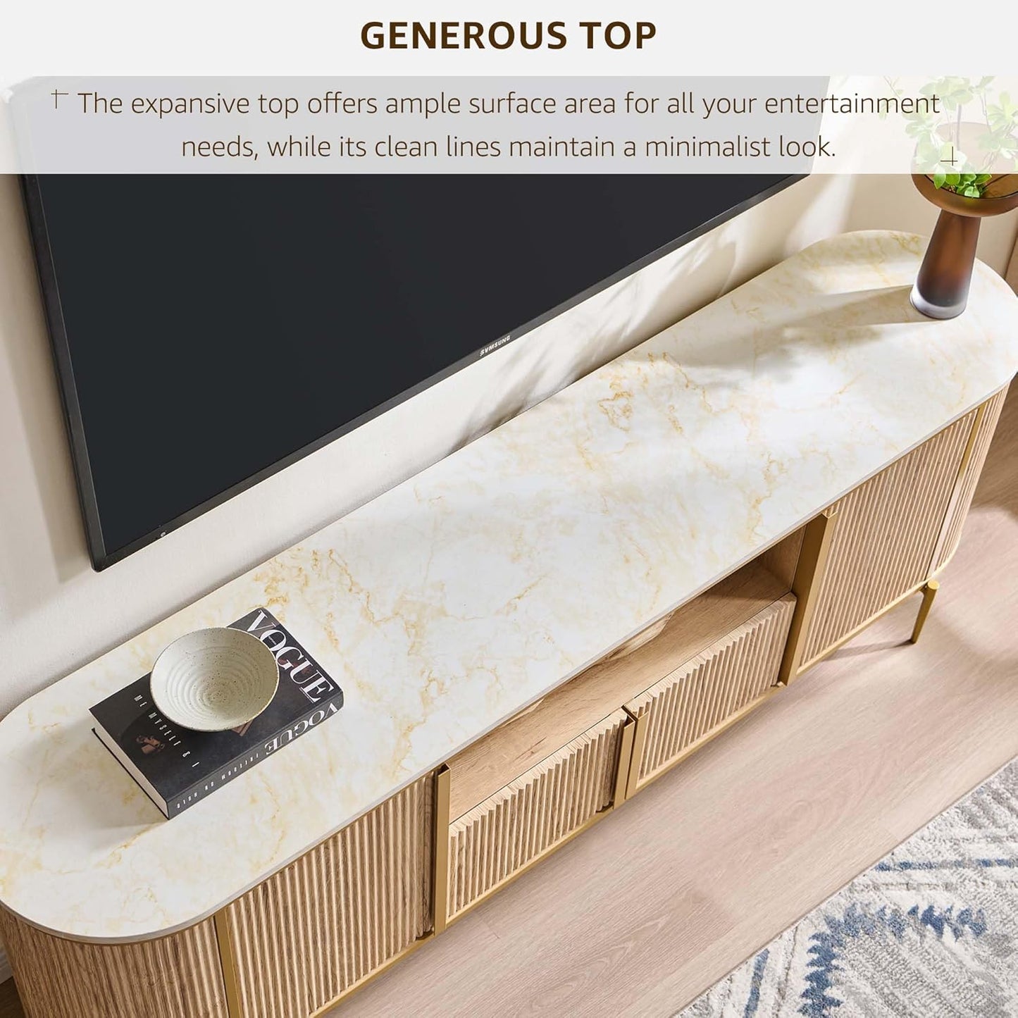 70" Fluted TV Stand with Storage, Faux Marble Top Entertainment Center for Tvs up to 80", Modern Curved Edge Media Console Cabinet for Living Room, Natural Oak