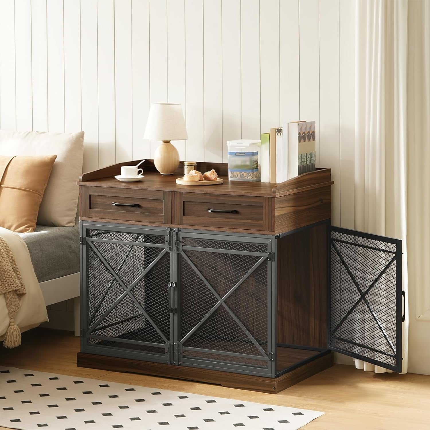 43.3” Dog Crate Furniture, XL Heavy Duty Dog Kennel with Drawers, Wooden Crate Indoor Side End Table for Medium to Large Dogs, Triple Door Design, Walnut and Black