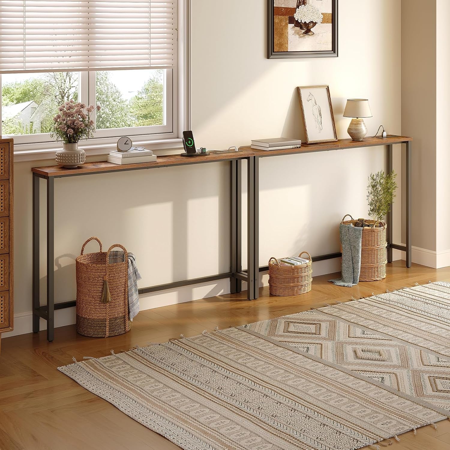 47.2" Narrow Console Table with Power Outlet, 5.9" behind Couch Table with Charging Station, Long Sofa Side Table, Skinny Entryway Table for Living Room, Hallway, Foyer, Rustic Brown BF15XG01G1