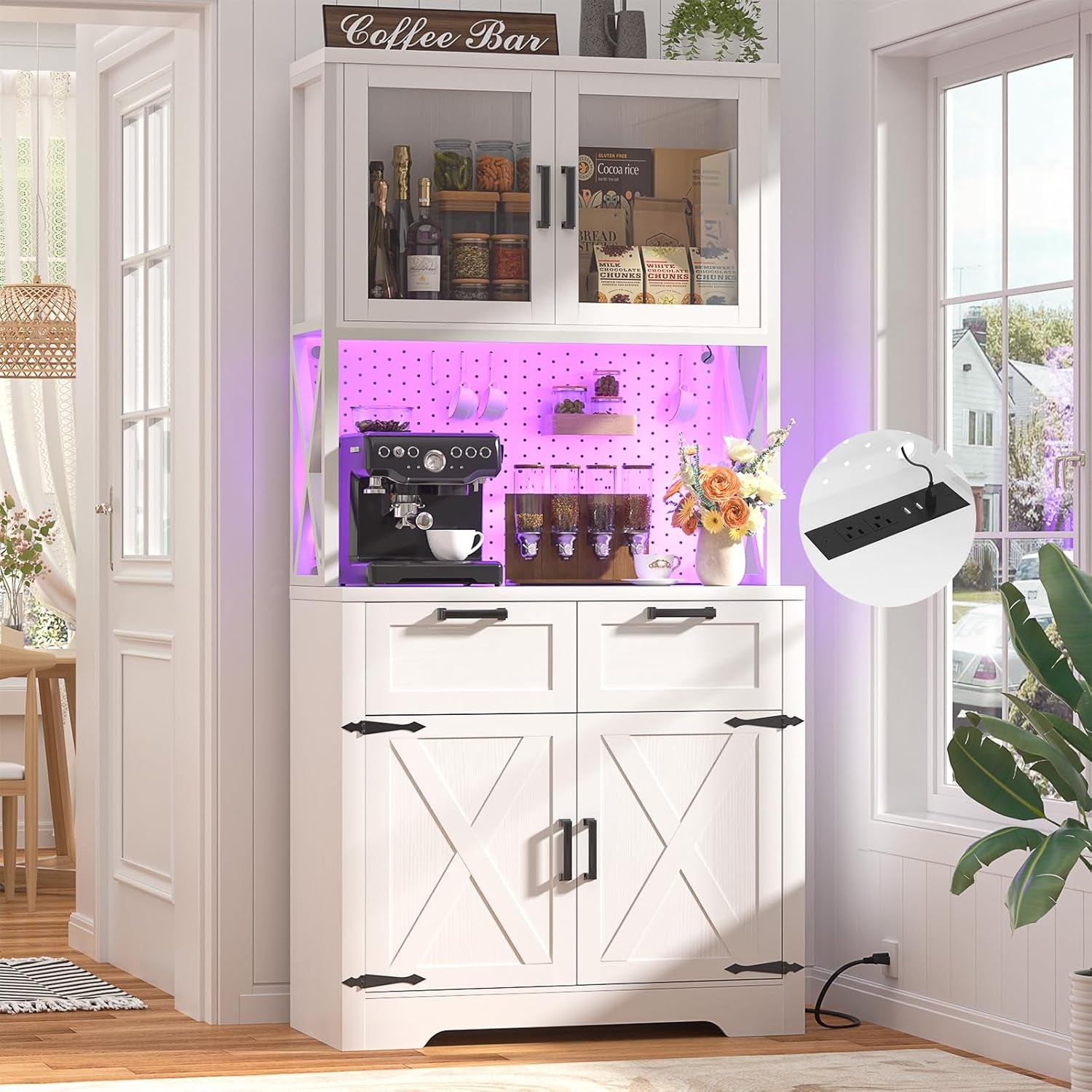 71" Pantry Cabinet with LED Light & Outlet, Tall Kitchen Pantry Storage Cabinet with Microwave Stand, DIY Pegboard, Drawers and Adjustable Shelf, Farmhouse Kitchen Hutch for Dining Room, White