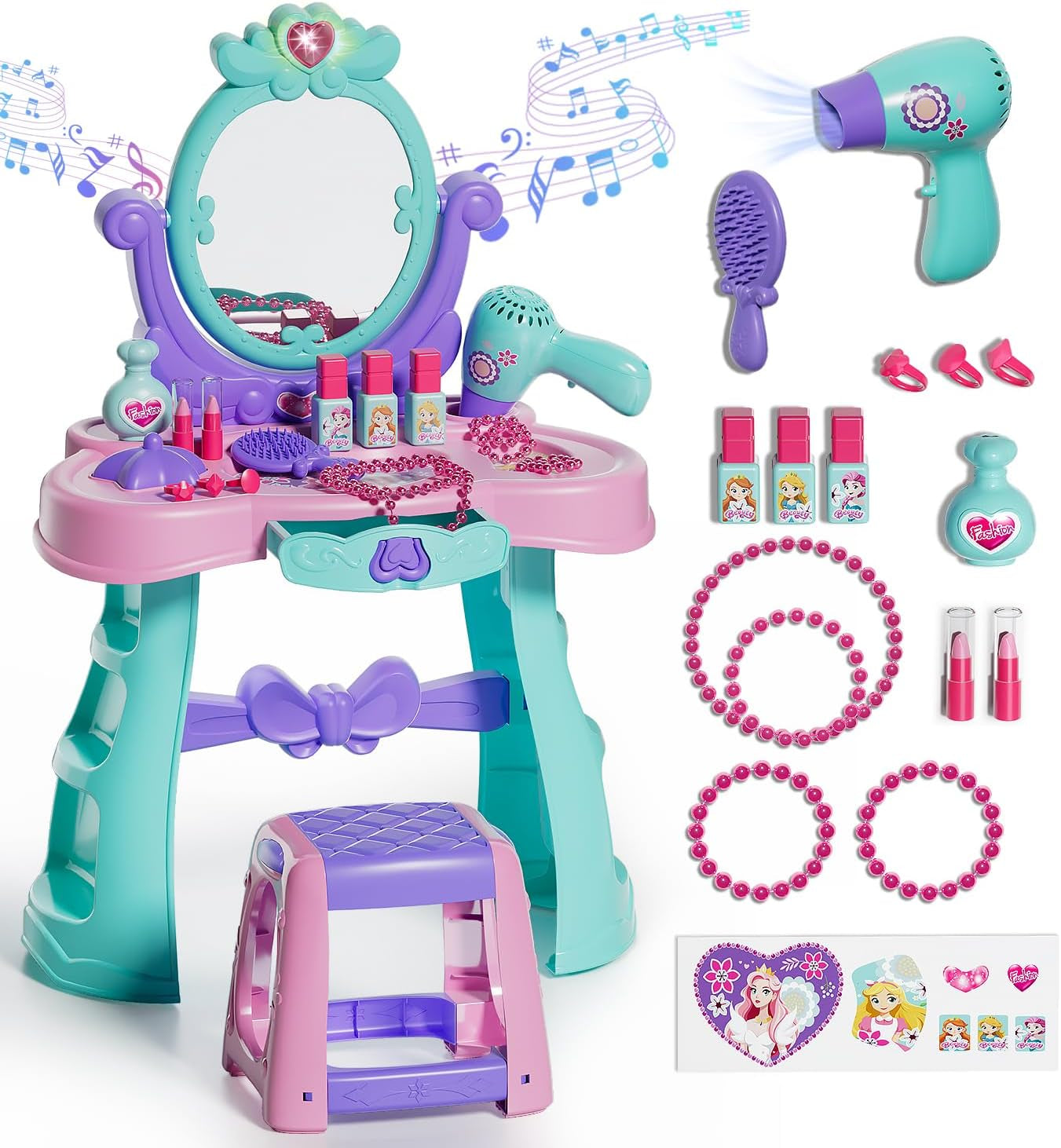 Kids Vanity Table and Chair Set with Mirror Light Music, Toddler Girls Makeup Table with Stool ＆ Hair Dryer, Pretend Play Princess Dress up Vanity Set, Birthday Gifts for 3 Year Old Girl