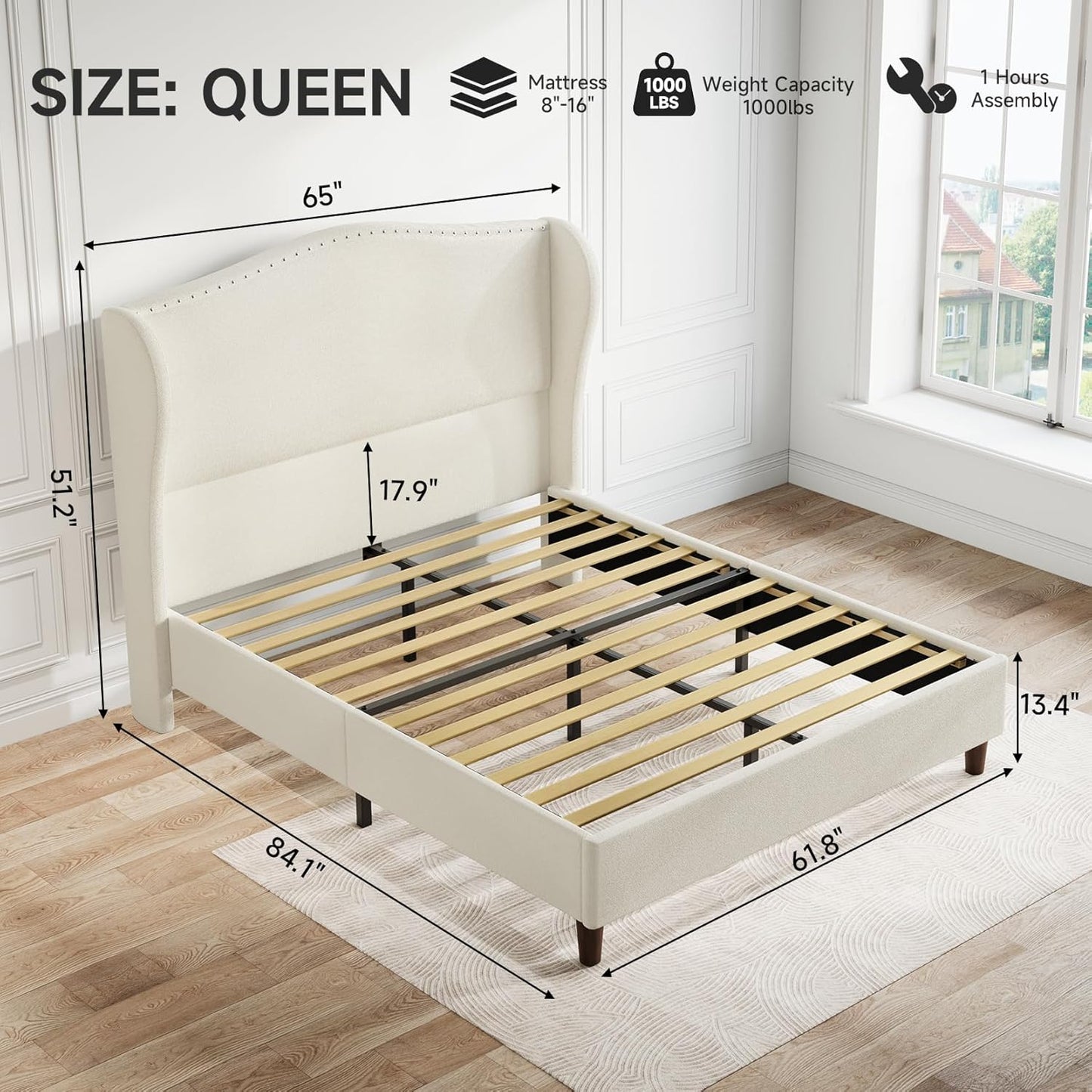 Queen Size Chenille Bed Frame with 52" Tall Headboard, Upholstered Platform Bed with Nailhead Trim Headboard Wingback, No Box Spring Needed, Wood Slats Support, Easy Assembly, Beige