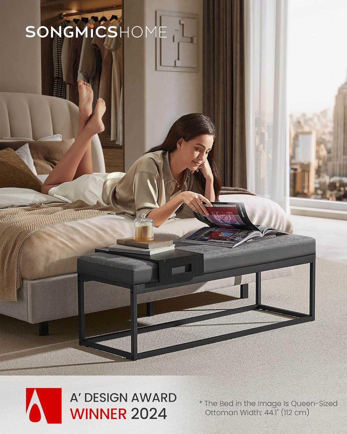 HOME LUIZ Collection - Ottoman Bench, End of Bed Bench, Reversible Top, Shoe Bench with Small Removable Shelf, Max. Load 660 Lb, for Bedroom, Living Room, Entryway, Dove Gray ULOM081G01V1