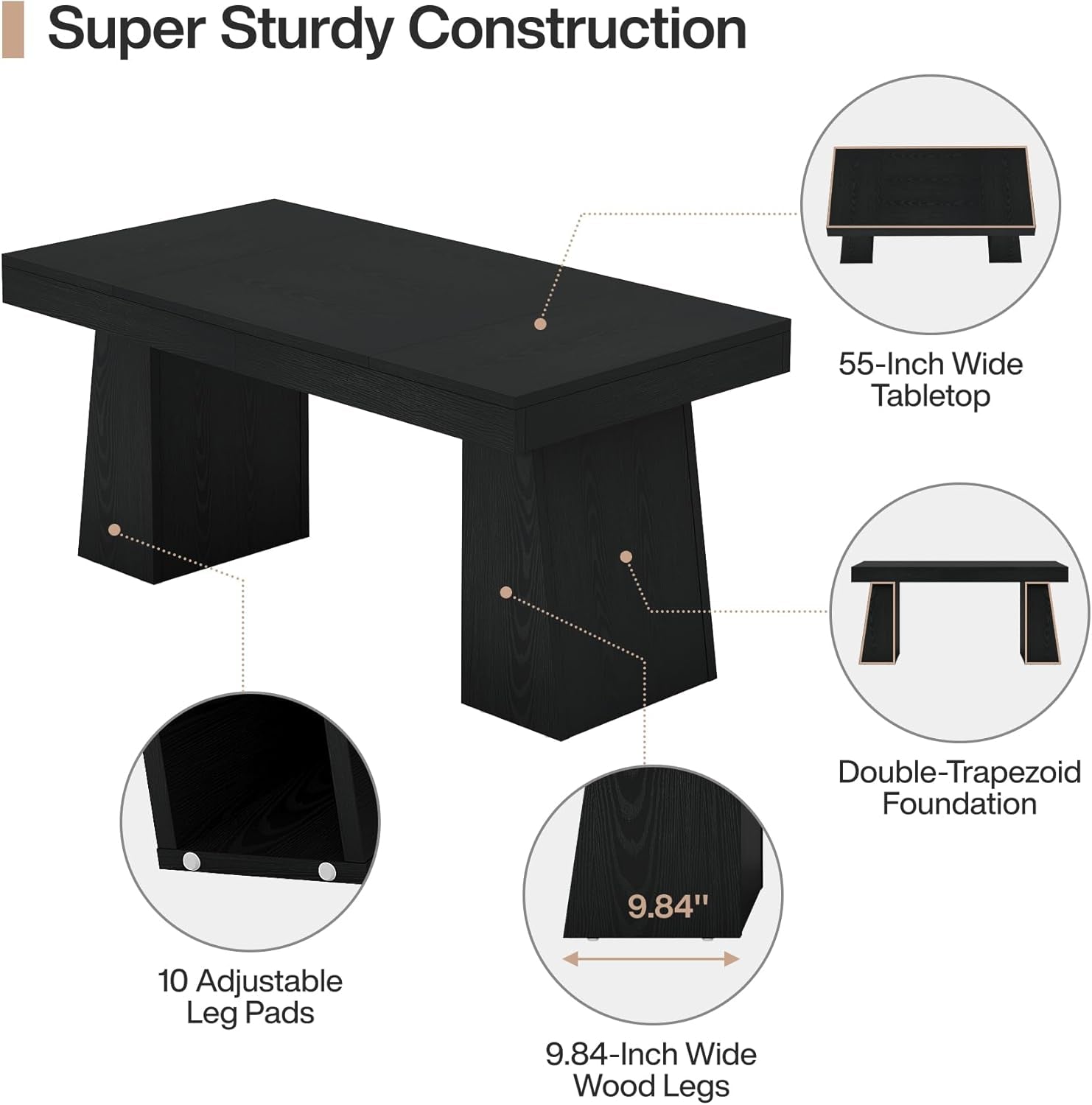 55" Executive Desk, Wooden Office Desk with Double Pedestal, Modern Simple Computer Writing Table for Home Office, Black