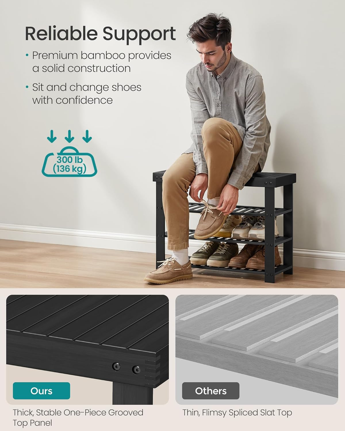 Shoe Rack Bench, 4 Tier Bamboo Shoe Storage Organizer, Entryway Bench, for Living Room, Bathroom, Bedroom, 11.3 X 27.6 X 20.5 Inches, Ink Black ULBS370BH01