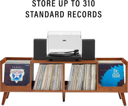 Asheville Mid-Century Modern Media Console Record Player Stand, Storage for Vinyl Records, Walnut