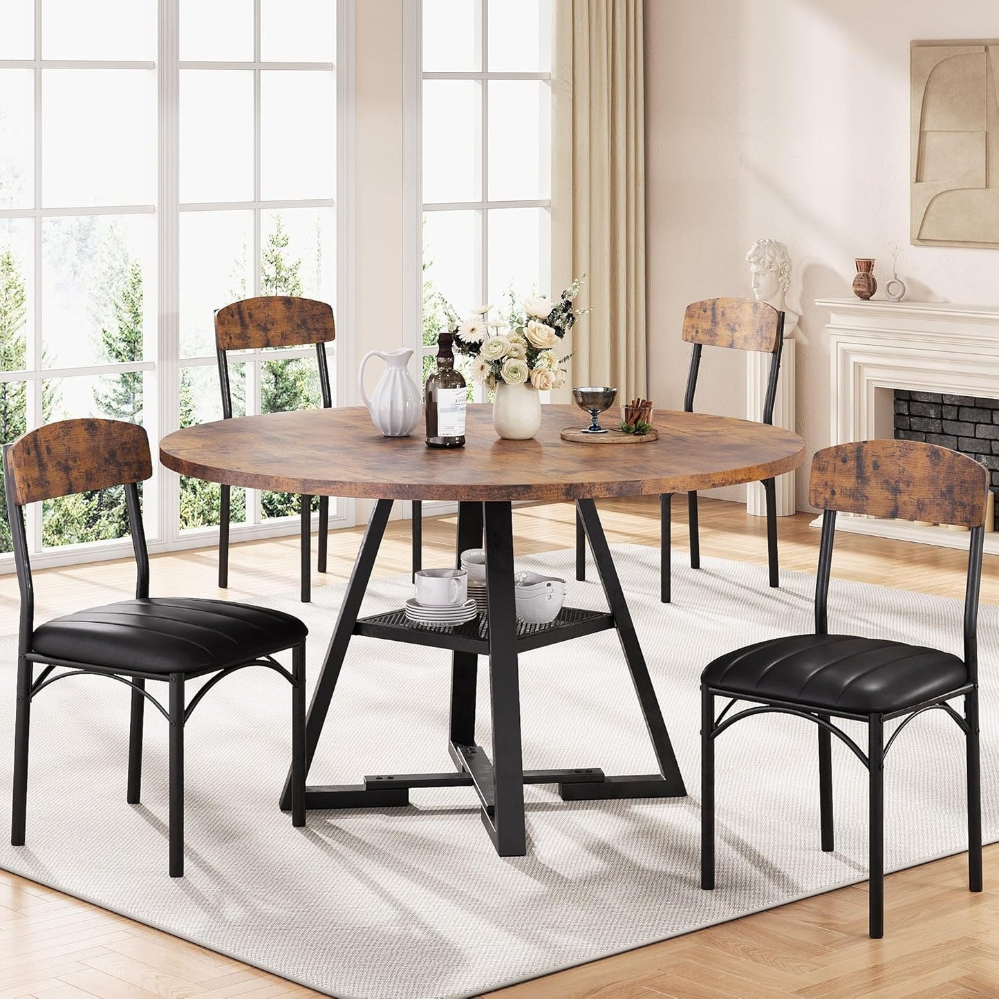 Round Dining Table Set for 4, Kitchen Table and Chairs for 4, Circle Table round Pedestal Dining Room Dinner Dinette Table Set,5 Piece Space Saving Wood Kitchen & Dining Room Tables (Vintage, 42In)