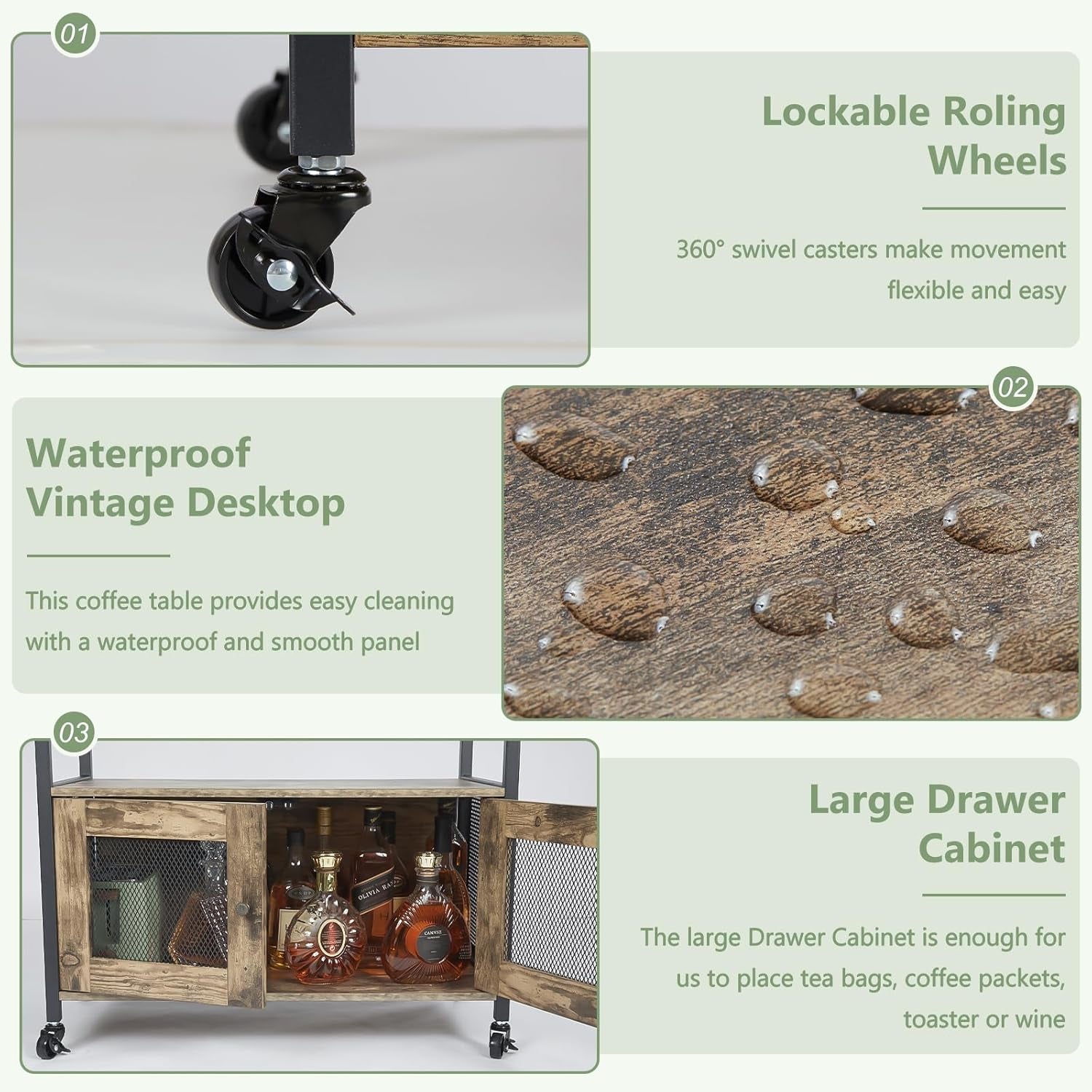 Large Coffee Bar Cabinet，3 Tiers Kitchen Coffee Cart with Drawer for the Home, Movable Farmhouse Station Table on Wheels for Living Room, Entryway, Dining Room, Kitchen