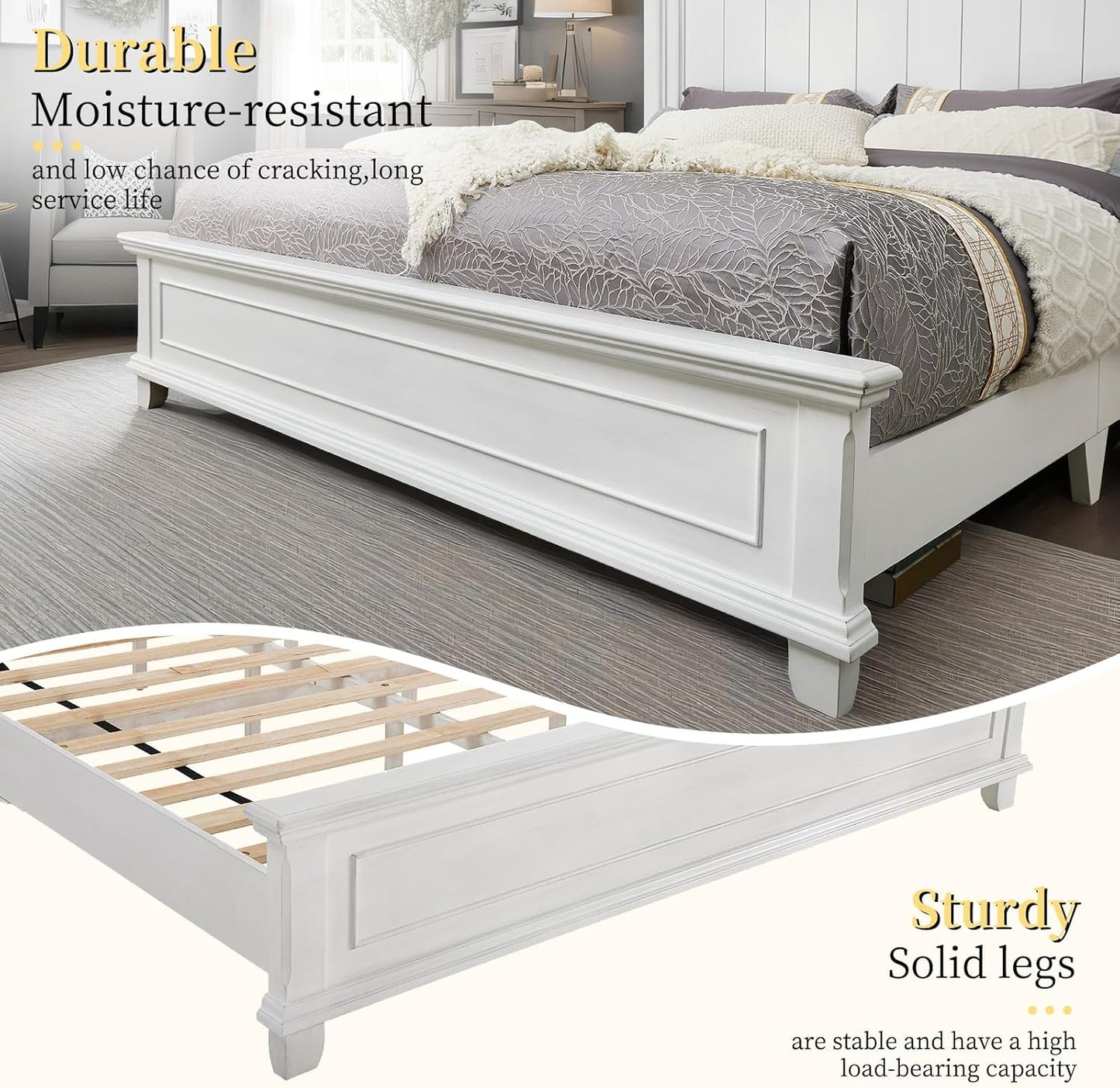 King Size Solid Wood Bed Frame with Headboard and Footboard, Noiseless Farmhouse Platform Bed, No Box Spring Needed, Rustic Bed Base with 12 Wood Slats Support, Distressed