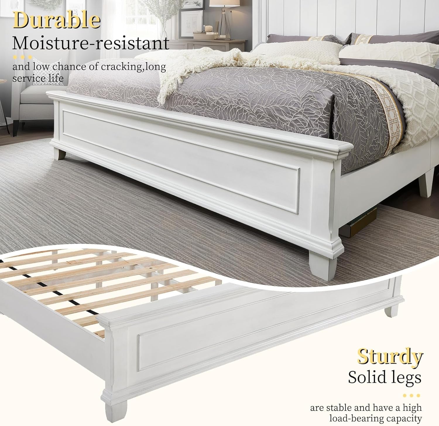 King Size Solid Wood Bed Frame with Headboard and Footboard, Noiseless Farmhouse Platform Bed, No Box Spring Needed, Rustic Bed Base with 12 Wood Slats Support, Distressed