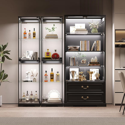 Glass Display Cabinet with Doors, 65" Tall 4-Tier Curio Display Case with 3 Color Lights and Human Body Sensor, Bookcase for Collectibles, Black