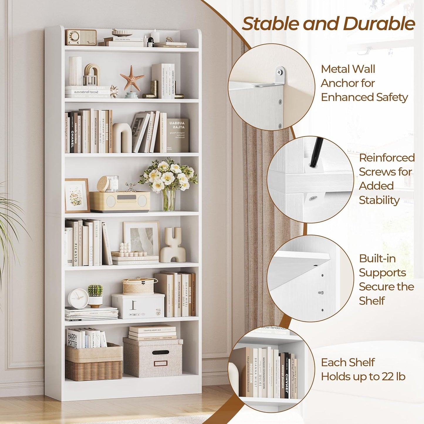 7-Tier Open Bookcase and Bookshelf, Modern Simple Floor Standing Display Storage Shelves with Top Open Compartment for Home Office, Living Room, Bed Room - White