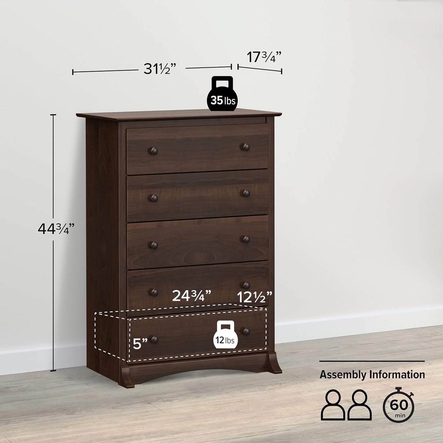 Sonoma Superior 5-Drawer Dresser for Bedroom - Spacious and Stylish Chest of Drawers, Measuring 17.75"D X 31.5"W X 44.75"H, in Espresso Finish