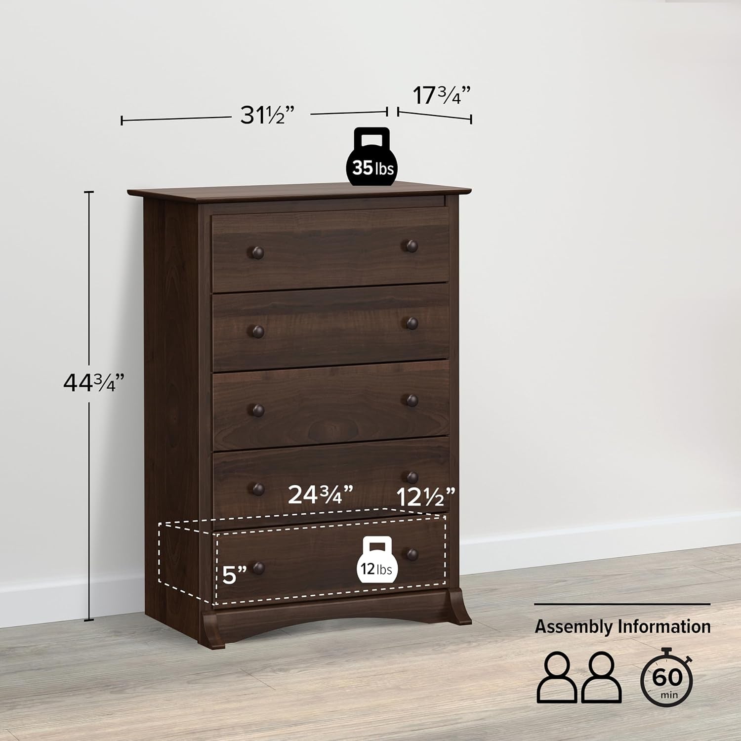 Sonoma Superior 5-Drawer Dresser for Bedroom - Spacious and Stylish Chest of Drawers, Measuring 17.75"D X 31.5"W X 44.75"H, in Espresso Finish