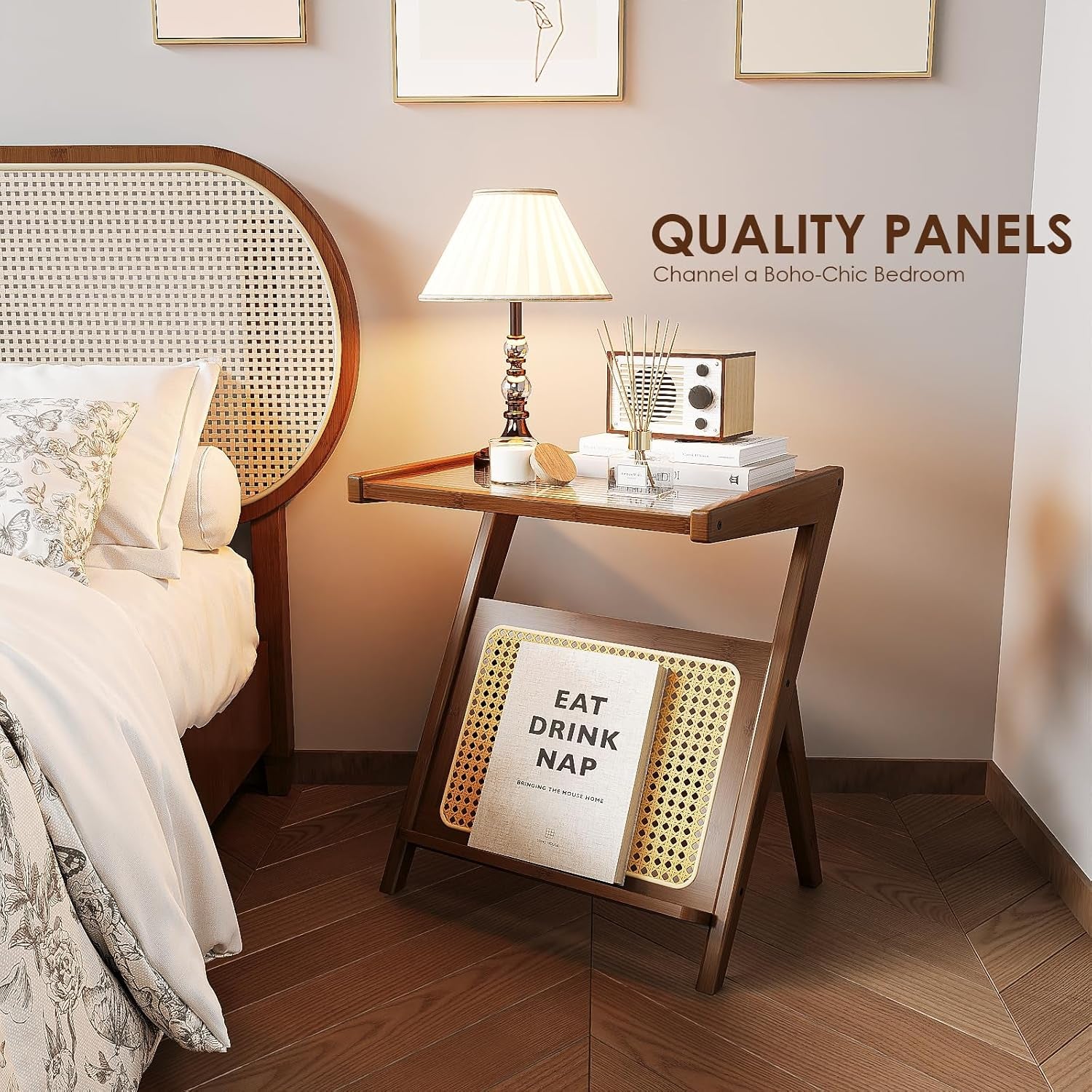 Rattan Side Table Boho Nightstand Mid Century Modern End Table Glass Bedside Table Small End Tables Bamboo Coffee Table with Storage Record Player Stand for Living Room Bedroom