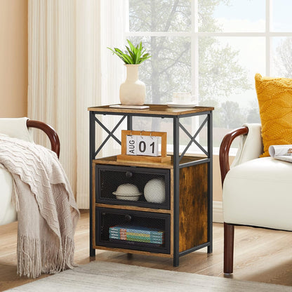 Modern Night Stand, End Side Table with Storage Space and Door, Nightstands with Flip Drawers for Living Room,Bedroom,Lounge,Set of 2, Brown
