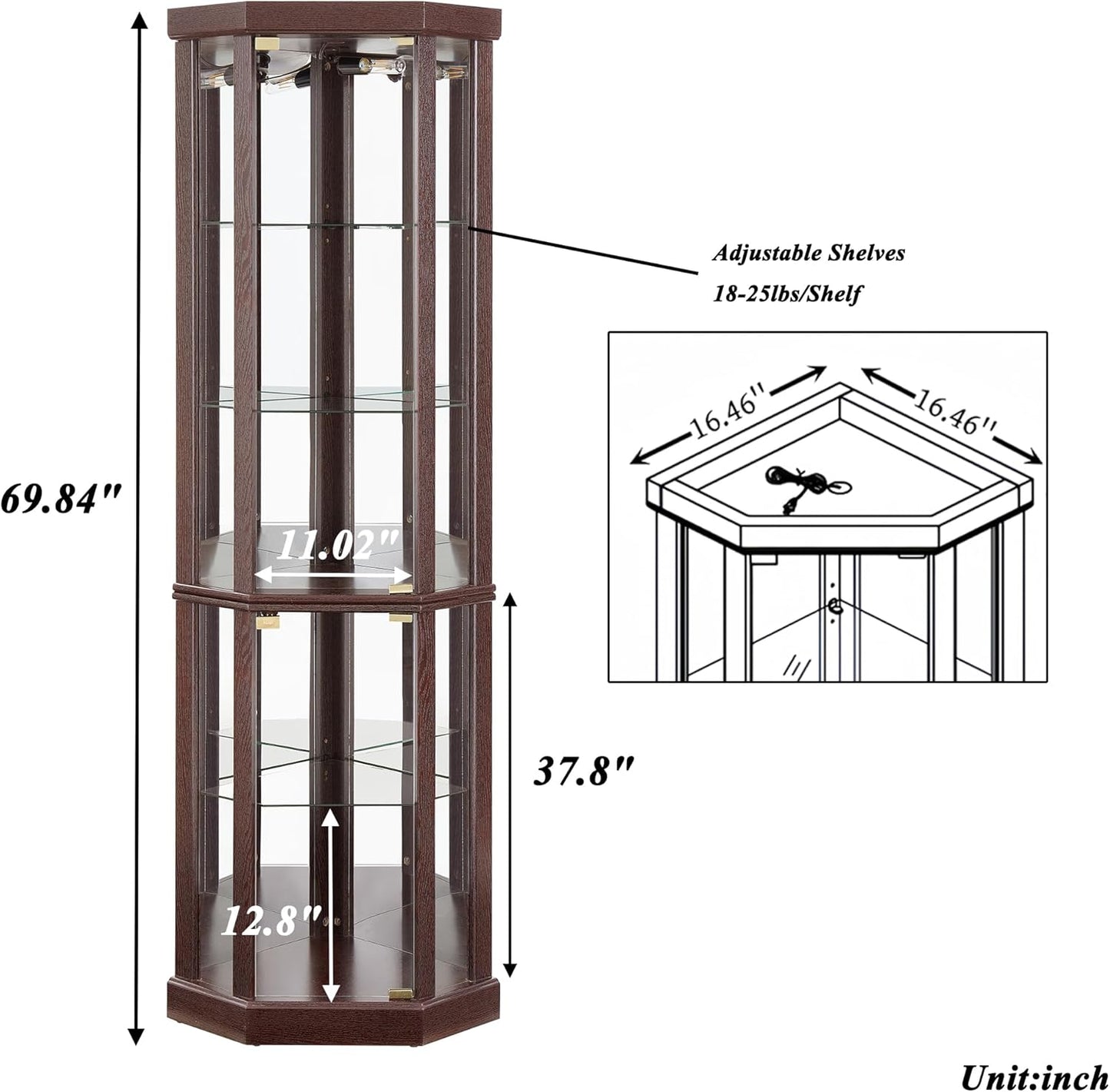 69" H Lighted Corner Curio Cabinet Display Case with Adjustable Shelves, Tempered Glass, Mirrored Back Panel for Living Room (Dark Cherry)