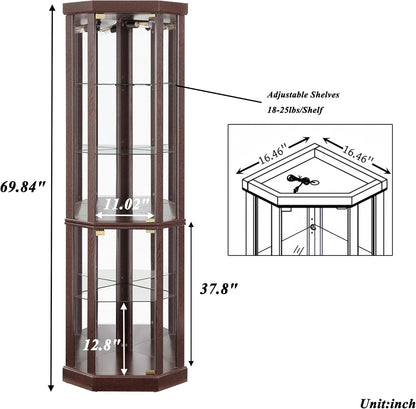 69" H Lighted Corner Curio Cabinet Display Case with Adjustable Shelves, Tempered Glass, Mirrored Back Panel for Living Room (Dark Cherry)