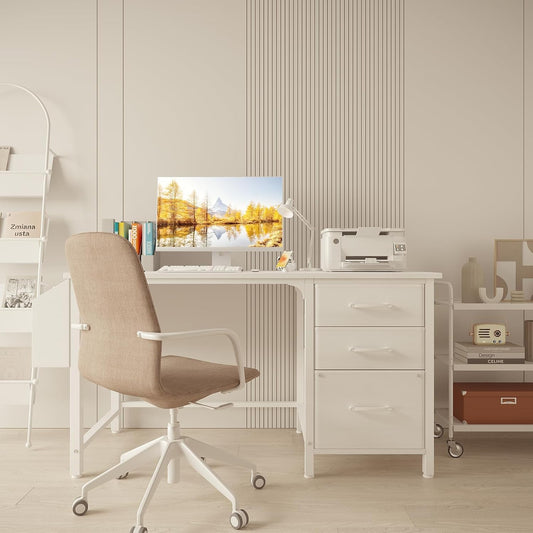 White Desk with Fabric File Drawers Cabinet, 47 Inch Reversible Computer Desk with Filing Cabinet for Bedroom Small Space Home Office, Modern Writing Table PC Desks, White