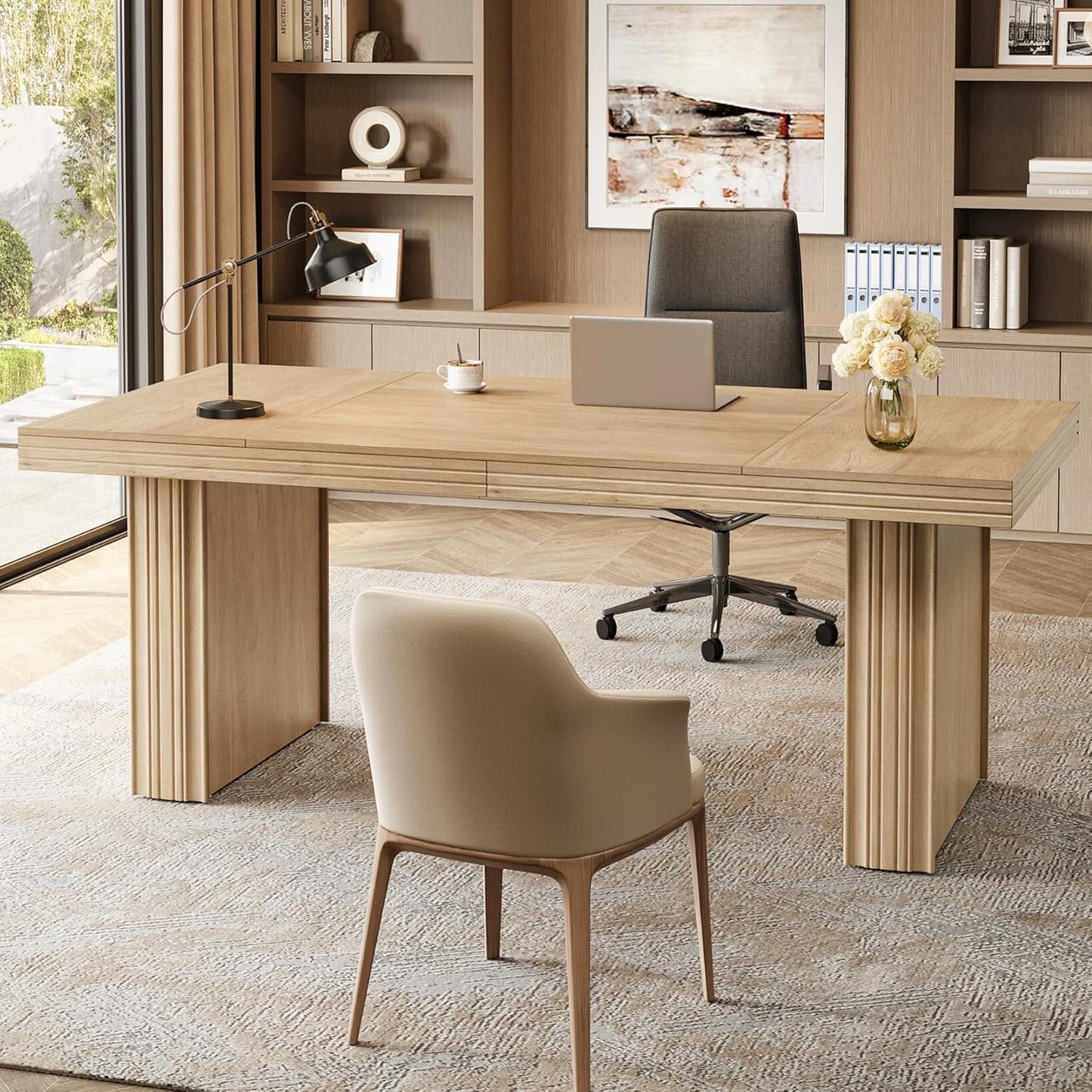 63" Executive Desk, Modern Executive Office Desk with Thickened Desktop and Heavy-Duty Legs, Wood Writing Workstation Study Table Conference Table for Office, Natural