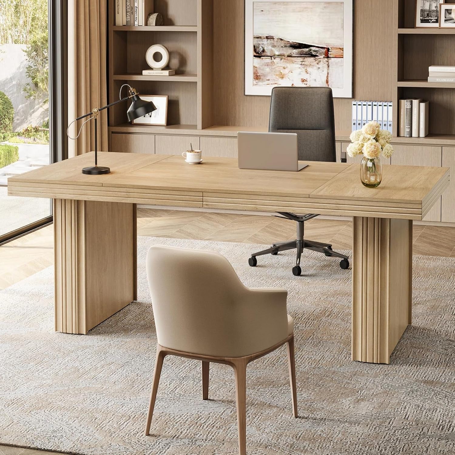 63" Executive Desk, Modern Executive Office Desk with Thickened Desktop and Heavy-Duty Legs, Wood Writing Workstation Study Table Conference Table for Office, Natural
