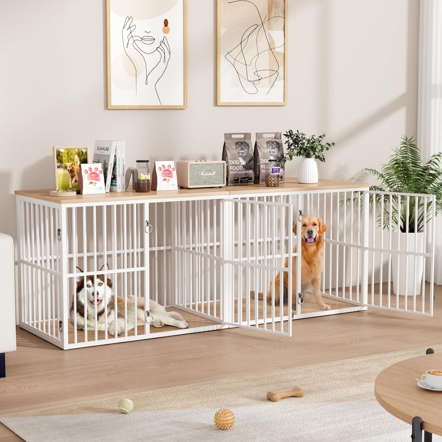 86.7" Double Dog Crate Furniture for 2 Large Dogs, Heavy Duty Wooden Dog Kennel with Removable Divider, XXL Dog Cage TV Stand End Table with 4 Doors, Double Locks for Each Door, White/Natural