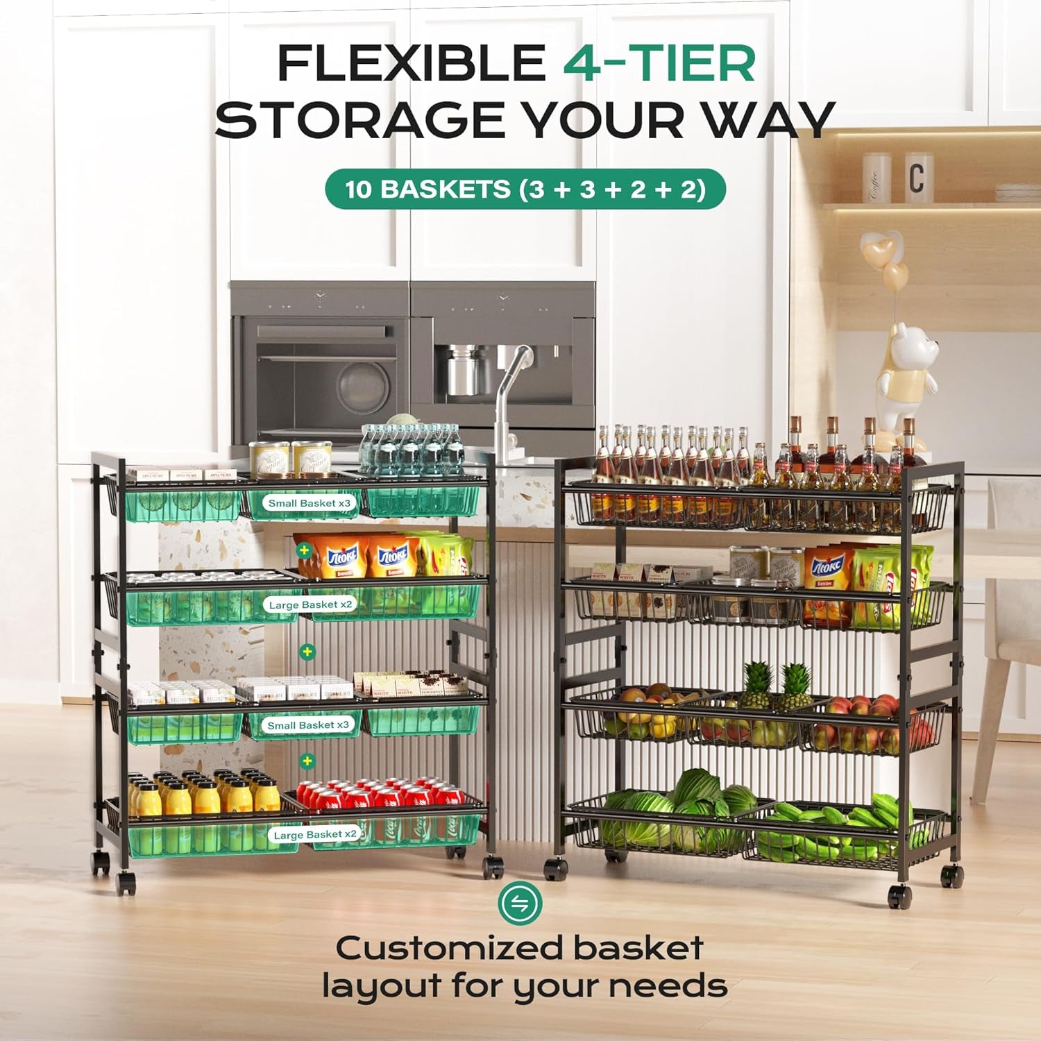 4-Tier Snack Cart with Wheels, 29''W Toy Storage Organizer, Rolling Pantry Storage Cart with 10 Wire Baskets & Handle,Adjustable Metal Snack Rack, Kitchen Organizer for Fruit, Vegetables(Black)