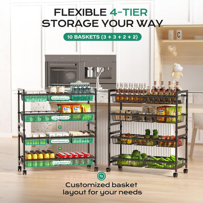 4-Tier Snack Cart with Wheels, 29''W Toy Storage Organizer, Rolling Pantry Storage Cart with 10 Wire Baskets & Handle,Adjustable Metal Snack Rack, Kitchen Organizer for Fruit, Vegetables(Black)