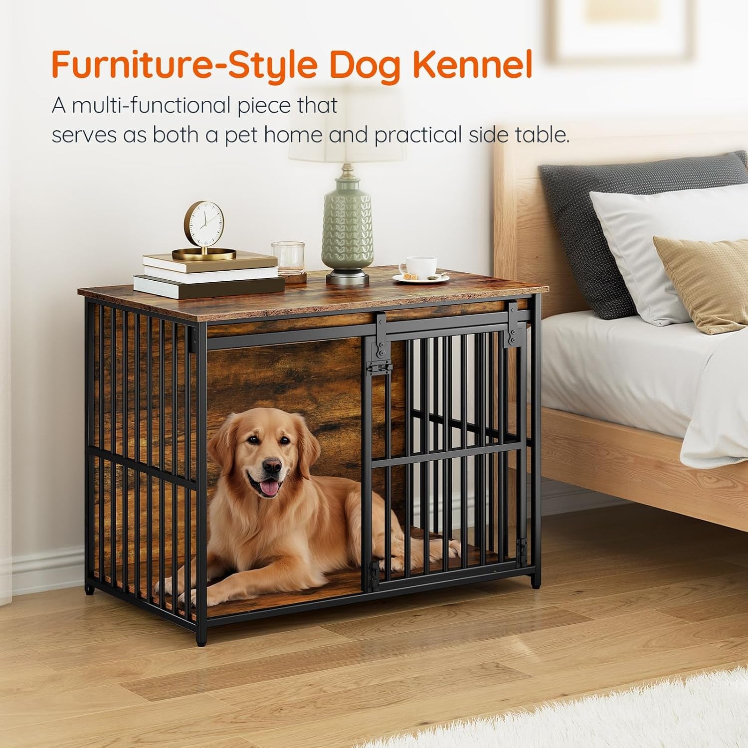 Dog Crate Furniture, 36.6" Heavy Duty Dog Kennel with Sliding Barn Door, Wooden Dog Cage Indoor, Decorative Side End Table for Small/Medium Dogs, Greige and Black GY162GW03G1