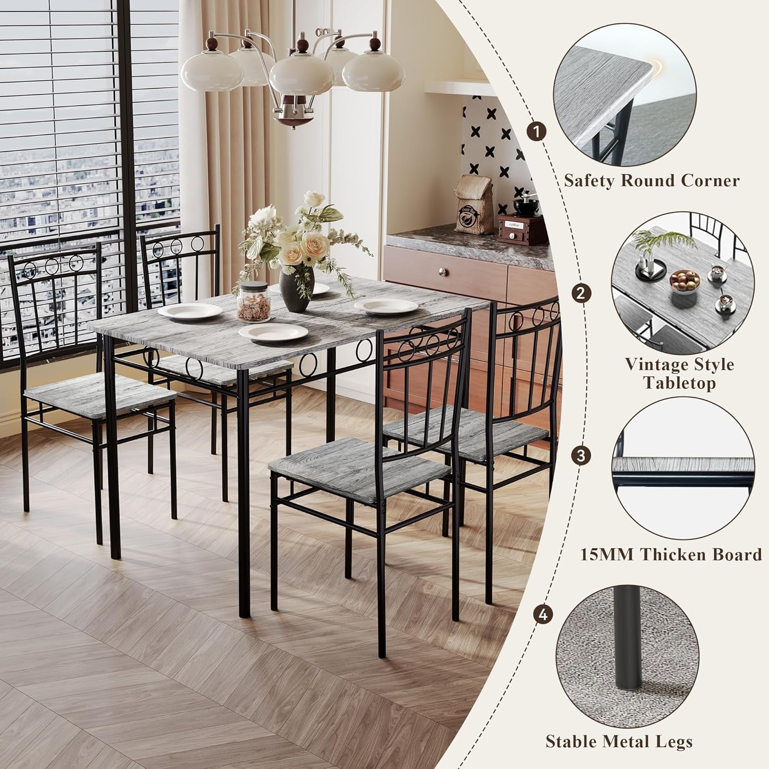 5 Piece Dining Table Set with 1.6" Thick Desktop, Modern Metal&Wood Kitchen Dinner Table with 4 Chairs, Dining Room Table Sets for Small Spaces, Brown