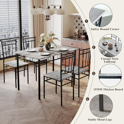 5 Piece Dining Table Set with 1.6" Thick Desktop, Modern Metal&Wood Kitchen Dinner Table with 4 Chairs, Dining Room Table Sets for Small Spaces, Brown