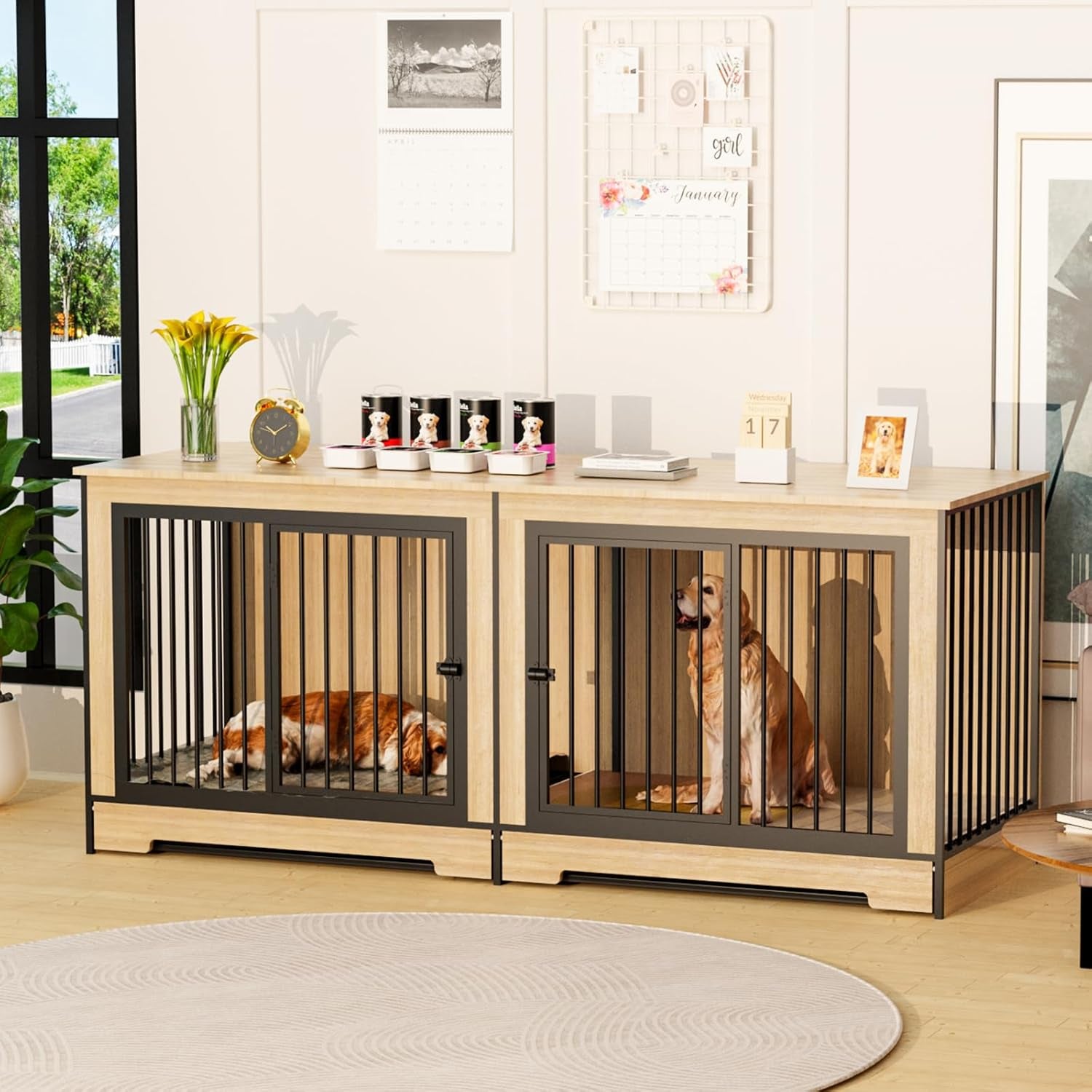 43.7" Dog Crate Furniture, XL Dog Crate Dog Kennel Indoor with Wheels for Large Medium Small Dogs, Wooden Dog Kennel End Table with Sliding Door Wooden Furniture Crates for Living Room, Bedroom
