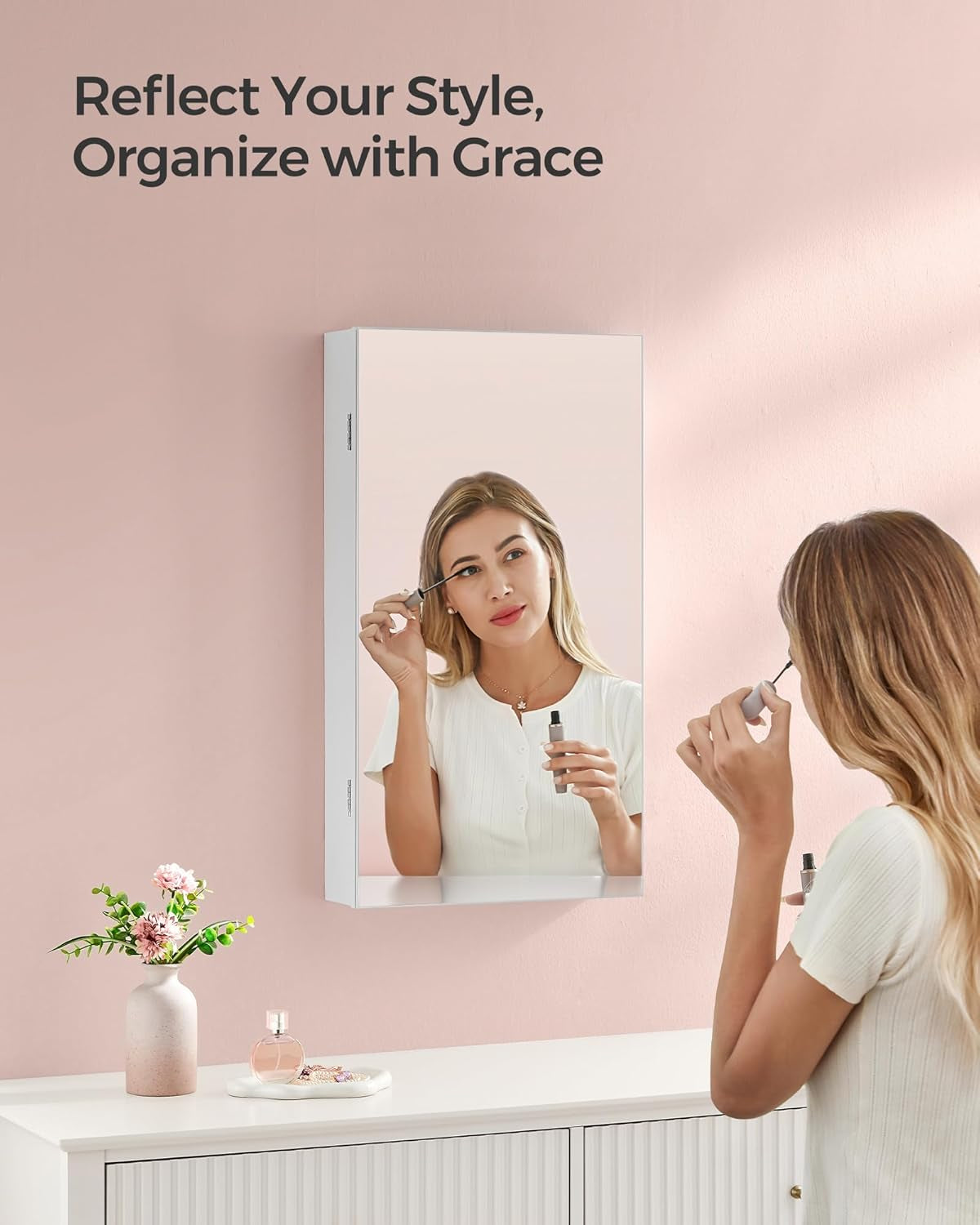 Mirror Jewelry Cabinet Armoire with Built-In LED Lights, Wall or Door Mounted Jewelry Storage Organizer, 3.8 X 14.6 X 26.4 Inches Hanging Mirror Cabinet, Gift Idea, White UJJC050W01