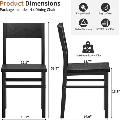 Dining Chairs Set of 4, Rustic Wood Dining Room Chairs with Thickened and Strengthened Metal Steel Frame & Slat Back, Modern Farmhouse Chair for Kitchen, Dining Room (4, Dark Black)