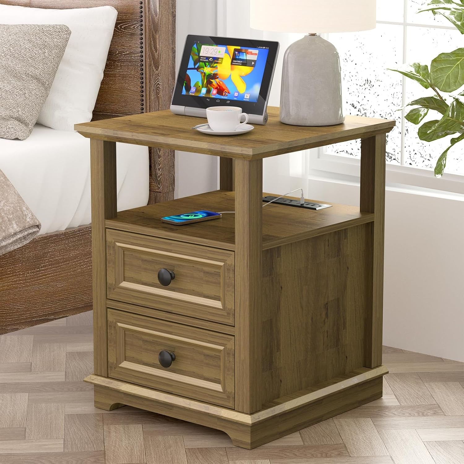 24" Tall Nightstand with Charging Station, Double 18W Fast Charge End Table, Large 18” Bedside Table with Drawers,Rustic Wood Storage Cabinet with Open Shelf for Bedroom,Natural