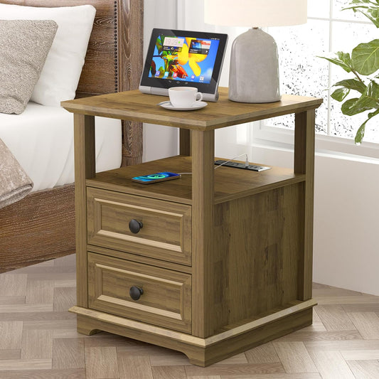 24" Tall Nightstand with Charging Station, Double 18W Fast Charge End Table, Large 18” Bedside Table with Drawers,Rustic Wood Storage Cabinet with Open Shelf for Bedroom,Natural