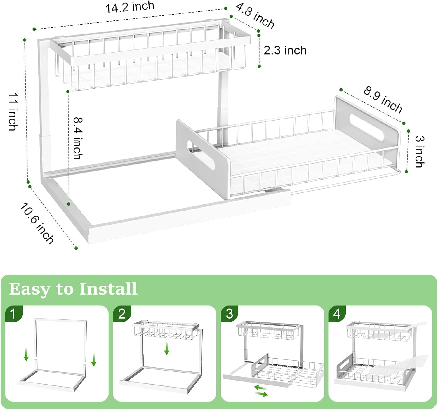 under Sink Organizer, Pull Out Cabinet Organizer 2 Tier Slide Out Sink Shelf Cabinet Storage Shelves, under Sink Storage for Kitchen Bathroom Cabinet, White, 1 Pack