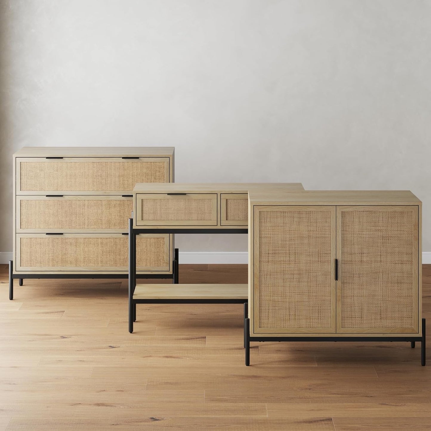 Andrew 3-Drawer Rattan Dresser or Bohemian Living Room Storage Cabinet with Natural Rattan Accent and Metal Legs, Light Oak/Black, Set of 2
