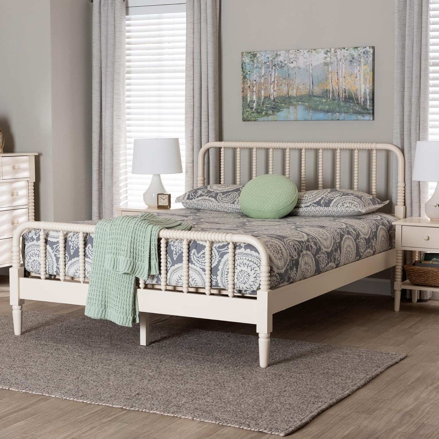 Braith Farmhouse Ivory Spindle Wood Queen Size Platform Bed