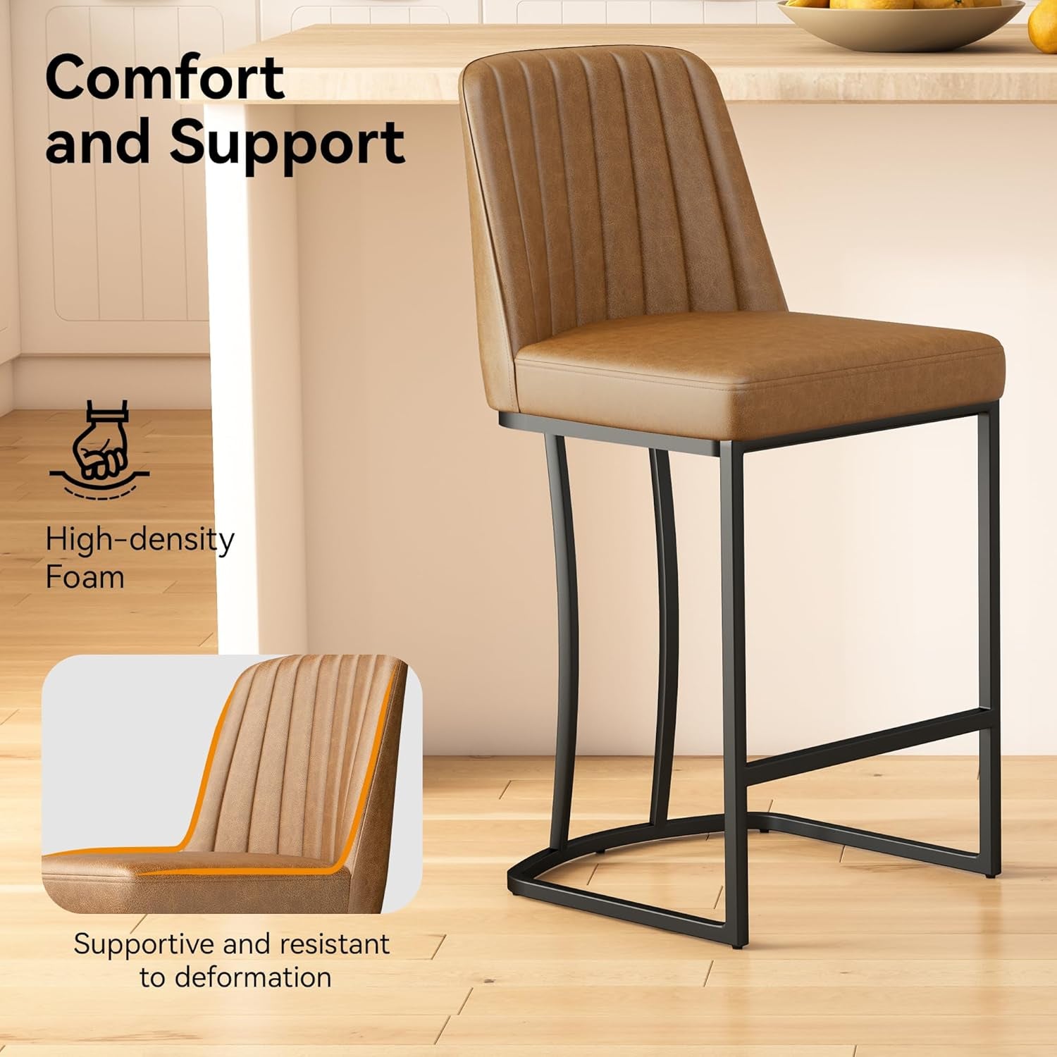 Counter Height Bar Stools Set of 2, Upholstered Leather Barrel Barstools with Back and Metal Legs for Kitchen Island, 27.4" Seat Height, Fabric in Faux Leather, Rustic Brown