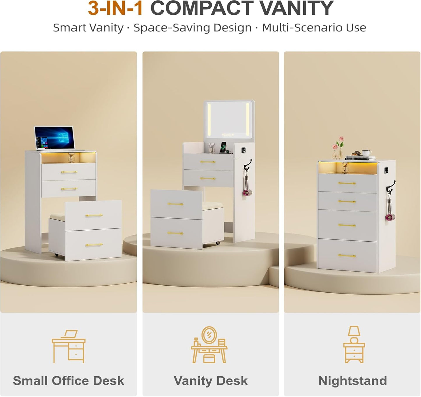 3 in 1 Vanity Desk with Flip Top Mirror and Lights,Glass Top Compact Vanity with 3 Drawers &Rolling Stool, Modern Small Makeup Vanity Table with Charging Station,Bedroom,White