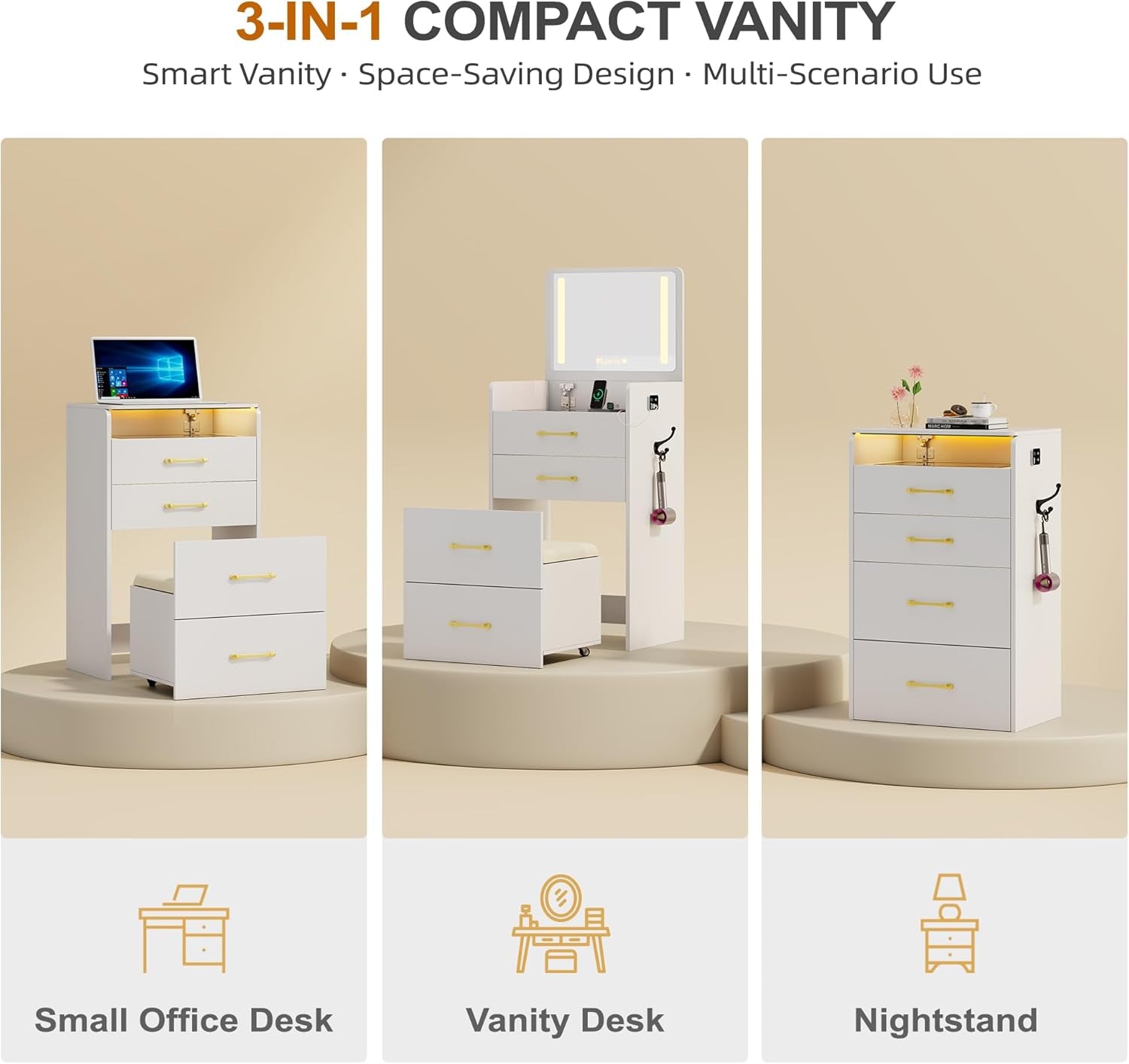3 in 1 Vanity Desk with Flip Top Mirror and Lights,Glass Top Compact Vanity with 3 Drawers &Rolling Stool, Modern Small Makeup Vanity Table with Charging Station,Bedroom,White