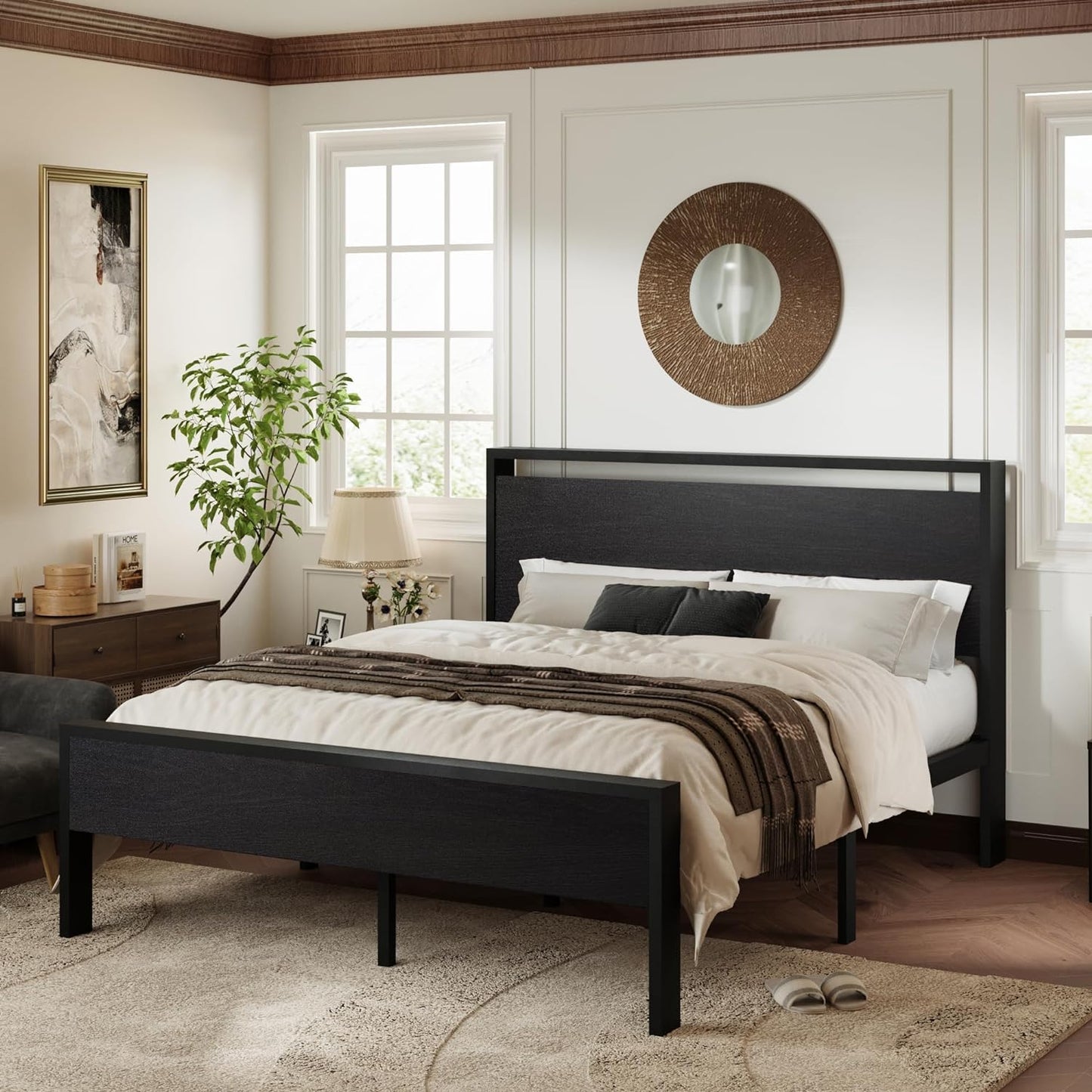 Queen Size Platform Bed Frame with Wooden Headboard and Footboard, Heavy Duty 12 Metal Slats Support, No Box Spring Needed, Under-Bed Storage, Noise Free, Easy Assembly, Black Oak
